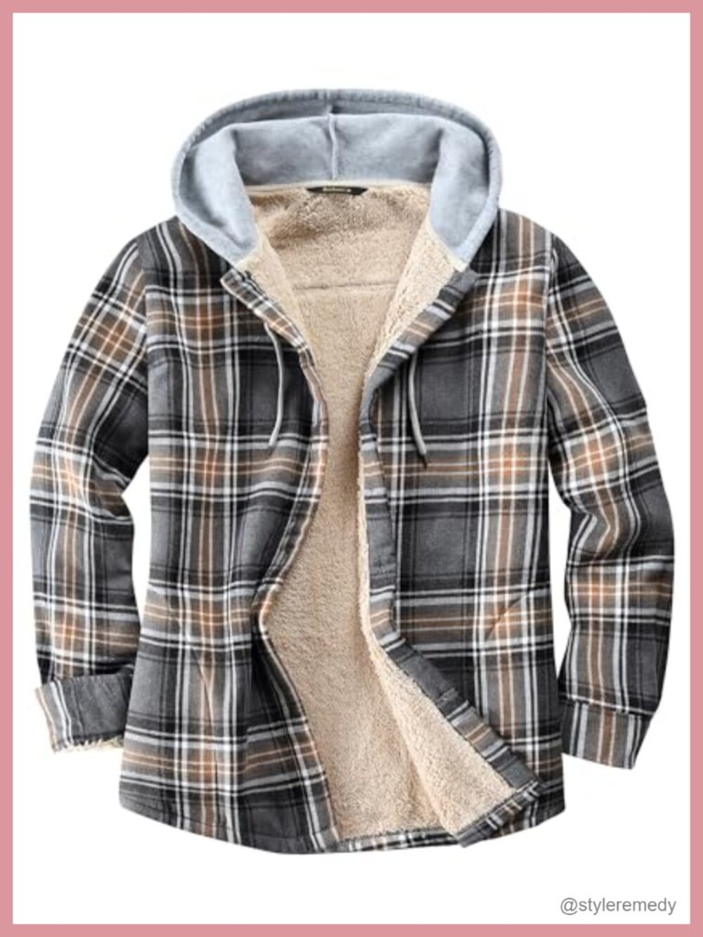 Sherpa Lined Cotton Flannel Plaid Hooded Shirt Jacket Button Down